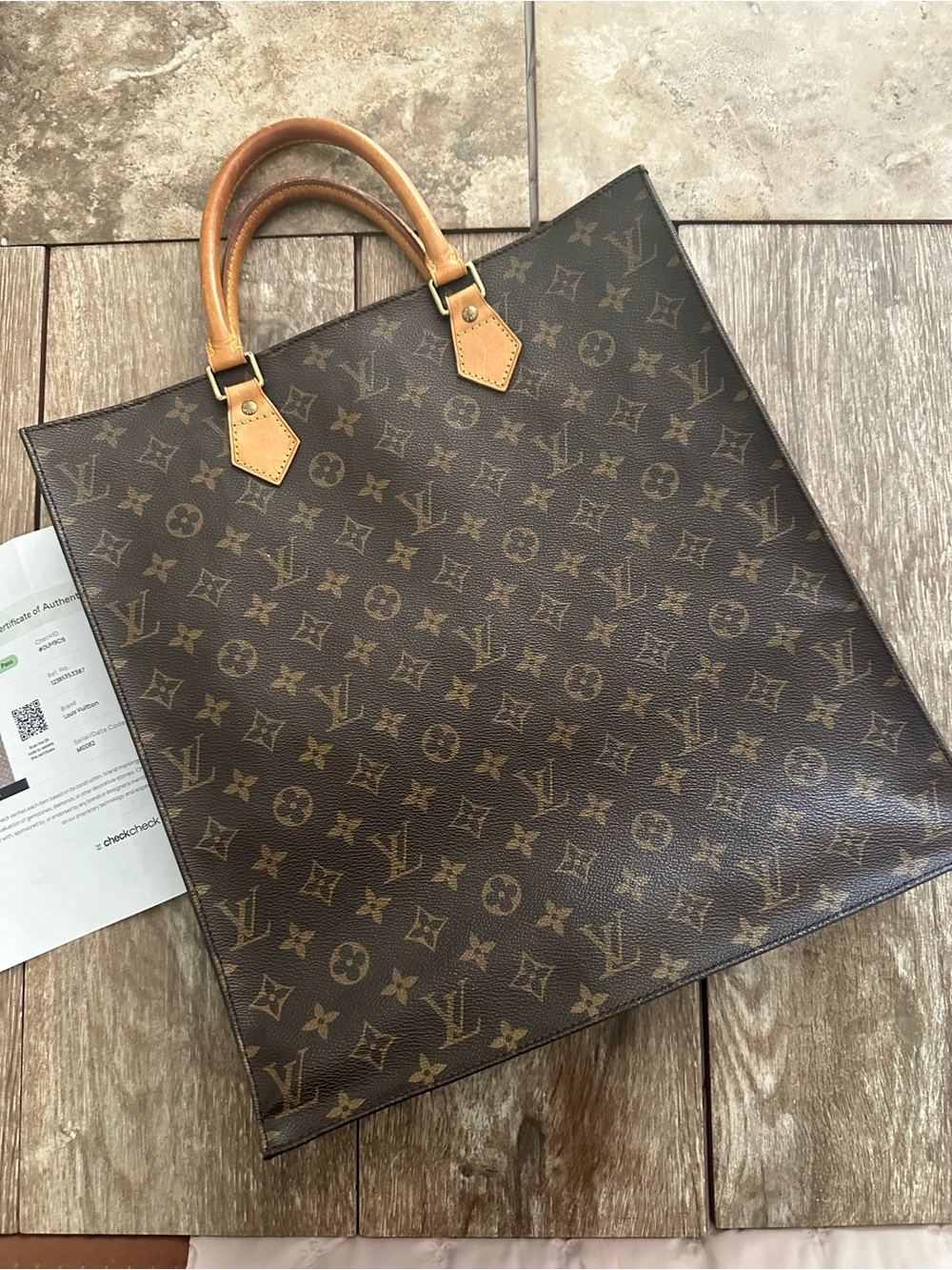 Vintage, 2002 Louis Vuitton Classic Brown/Tan Monogram Canvas Sac Plat Tote Bag